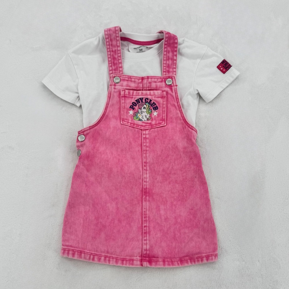 My Little Pony Overall Dress Jumper & Shirt Set Toddler 3T Pink Acid Wash Denim